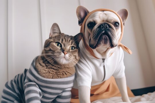 Dog and cat are friends and take a selfie while sitting together in clothes, generative ai