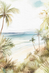 Fototapeta na wymiar Tropical beach background. Summer watercolor landscape. Tropical island with palm trees. Ocean and beach summer wallpaper. Generative AI.