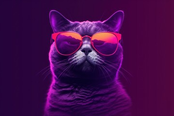 Minimalist illustration of a cool purple cat wearing sunglasses, with an orange-toned background. Concept of fun, modern, and playful feline design - 602769789