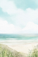 Tropical beach background. Summer watercolor landscape. Tropical island with palm trees. Ocean and beach summer wallpaper. Generative AI.