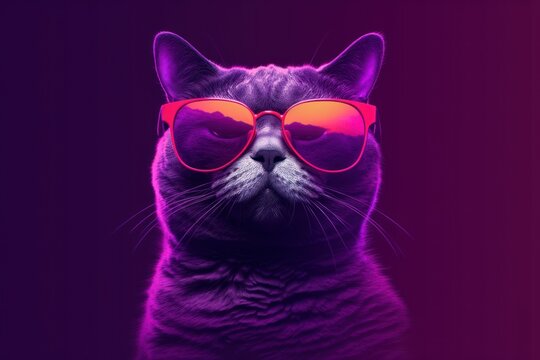 Minimalist illustration of a cool purple cat wearing sunglasses, with an orange-toned background. Concept of fun, modern, and playful feline design