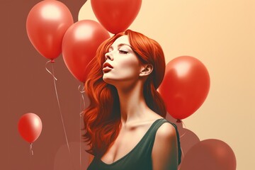 Beautiful young redhead woman in seductive pose with balloons surrounding her - 602769942