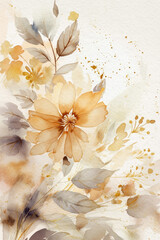 Obraz na płótnie Canvas Neutral floral background. Watercolor beige flowers and leaves. Generative AI.