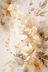 Neutral floral background. Watercolor beige flowers and leaves. Generative AI.