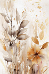 Obraz na płótnie Canvas Neutral floral background. Watercolor beige flowers and leaves. Generative AI.