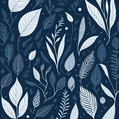 A floral ornament of leaves and twigs in blue and white. AI generative