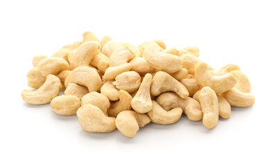 Heap of tasty cashew nuts isolated on white background
