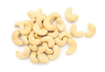Heap of tasty cashew nuts isolated on white background