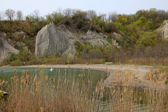 Spring landscape with lake and bluffs