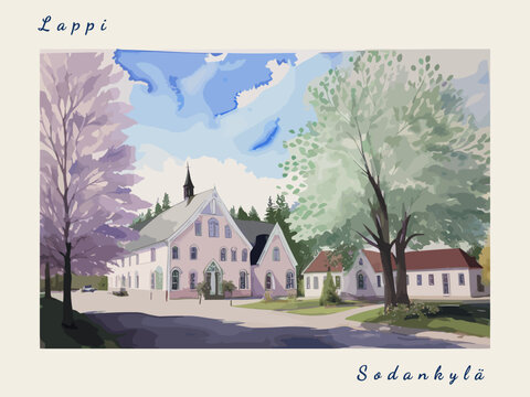 Sodankylä: Post card design with beautiful town painting in Finland and the city name Sodankylä