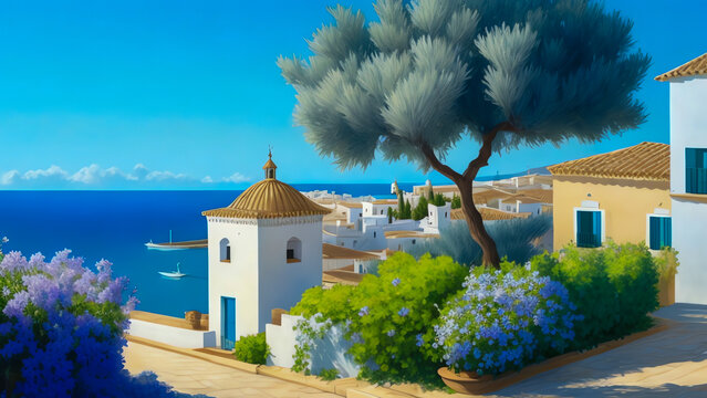 Andalusia cityscape, olive trees, White walls, colorful flowers, bright sunlight, azure sea, poetic, delicate, very realistic 32k