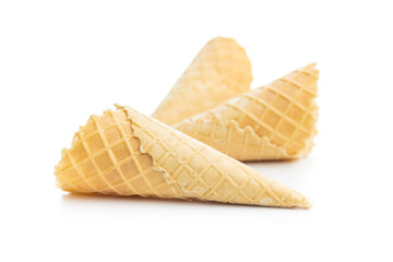 Empty wafer cone. Sweet ice cream cornet isolated on white background.