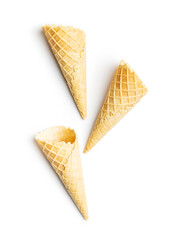 Empty wafer cone. Sweet ice cream cornet isolated on white background.