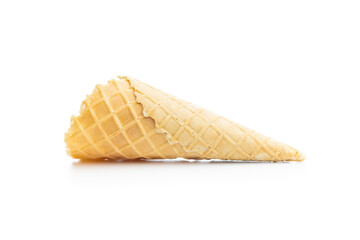 Empty wafer cone. Sweet ice cream cornet isolated on white background.