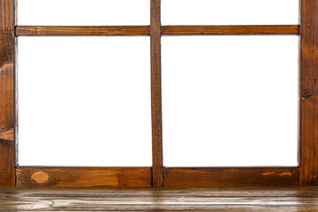 Wooden window frame isolated on white background, closeup