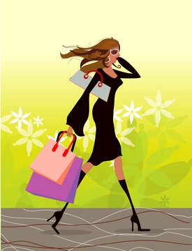 A girl going for shopping holding a mobile in her hand and shopping bags in her other hand