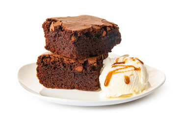 Plate with pieces of tasty chocolate brownie and ice cream on white background