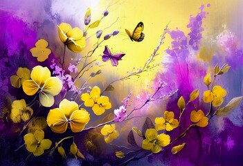 Fototapeta na wymiar Painted spring background in purple-yellow flowers with butterflies and hearts. AI Generated