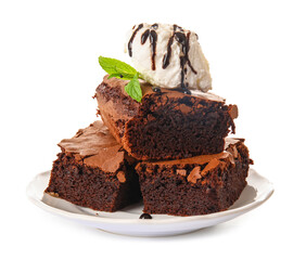 Plate with pieces of tasty chocolate brownie and ice cream on white background