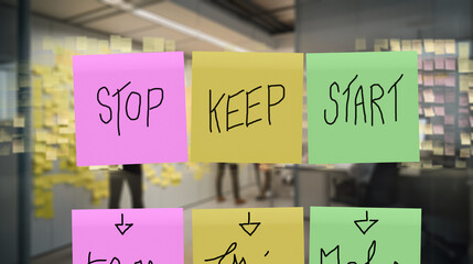 Three sticker written, "stop", "keep" and "start" on a window. Teams run retrospective board project feedbacks.