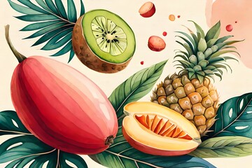 Tropische Fr&uuml;chte S&uuml;dfr&uuml;chte mit Orangen als gemaltes Bild mit Wasserfarbe, Avocado und Papaya