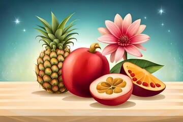 Tropische Fr&uuml;chte S&uuml;dfr&uuml;chte mit Orangen als gemaltes Bild mit Wasserfarbe, Avocado und Papaya