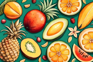 Tropische Fr&uuml;chte S&uuml;dfr&uuml;chte mit Orangen als gemaltes Bild mit Wasserfarbe, Avocado und Papaya