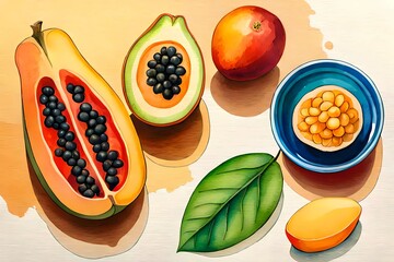 Tropische Fr&uuml;chte S&uuml;dfr&uuml;chte mit Orangen als gemaltes Bild mit Wasserfarbe, Avocado und Papaya