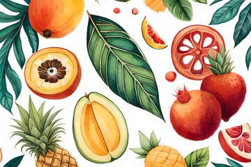 Wallpaper und Hintergrund zeigt tropische Fr&uuml;chte S&uuml;dfr&uuml;chte mit Orangen Ananas und Papaya als gemaltes Bild mit Wasserfarbe