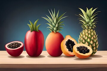 Tropische Fr&uuml;chte S&uuml;dfr&uuml;chte mit Orangen als gemaltes Bild mit Wasserfarbe, Avocado und Papaya