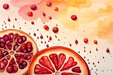 Wallpaper und Hintergrund zeigt tropische Fr&uuml;chte S&uuml;dfr&uuml;chte mit Orangen Ananas und Papaya als gemaltes Bild mit Wasserfarbe