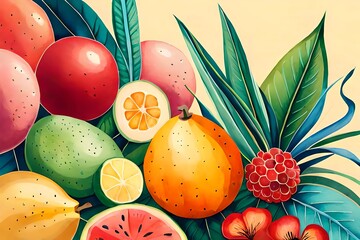 Wallpaper und Hintergrund zeigt tropische Fr&uuml;chte S&uuml;dfr&uuml;chte mit Orangen Ananas und Papaya als gemaltes Bild mit Wasserfarbe