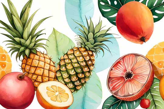 Wallpaper und Hintergrund zeigt tropische Früchte Südfrüchte mit Orangen Ananas und Papaya als gemaltes Bild mit Wasserfarbe