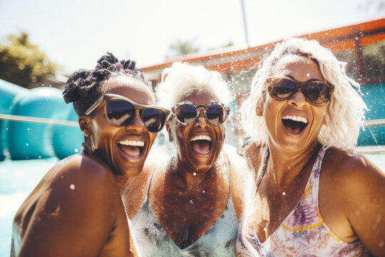 Older woman friends with sunglasses on having fun at a water park, generative ai