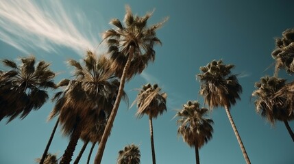 Palm trees swaying in the gentle breeze against a clear blue sky Generative AI