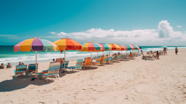A sandy beach with colorful beach umbrellas and lounge chairs Generative AI