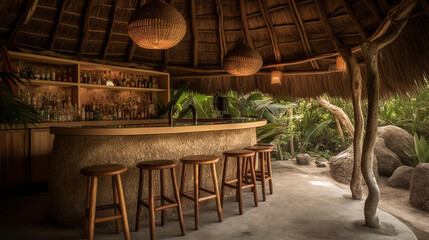 Fototapeta na wymiar A tropical cocktail bar with a thatched roof and bamboo accents Generative AI