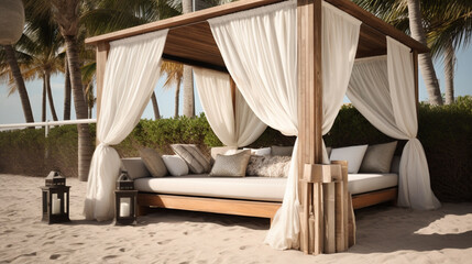 An inviting beach cabana with flowing curtains and comfortable loungers Generative AI