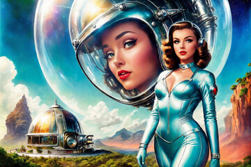 Portrait of a beautiful woman in a polished aluminum suit as an astronaut in the retro futurism style of the 50s. Generative AI. - obrazy, fototapety, plakaty