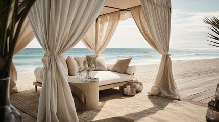 Fototapeta na wymiar An inviting beach cabana with flowing curtains and comfortable loungers Generative AI
