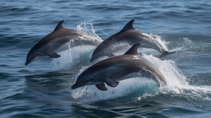 A playful group of dolphins gracefully leaping out of the water Generative AI