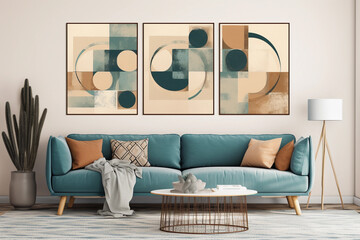 Modern mid century interior with navy blue and beige wall art set of 3 prints in textured abstract style. Cozy furniture. Dusty blue sofa and plants. Generative AI.