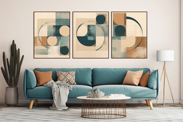 Modern mid century interior with navy blue and beige wall art set of 3 prints in textured abstract style. Cozy furniture. Dusty blue sofa and plants. Generative AI.
