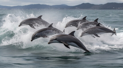 A playful group of dolphins gracefully leaping out of the water Generative AI