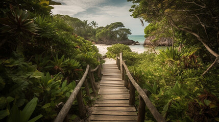 A wooden pathway leading to the beach, lined with lush tropical plants Generative AI