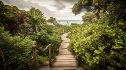 Fototapeta premium A wooden pathway leading to the beach, lined with lush tropical plants Generative AI