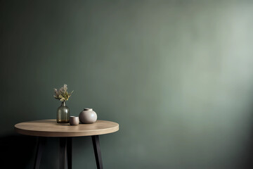 Textured sage green wall copy space. Monochrome empty room with minimalist wood table. Wall scene mockup product for showcase, Promotion background. Generative AI.