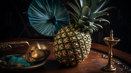 A tropical cocktail served in a hollowed-out pineapple with a decorative umbrella Generative AI