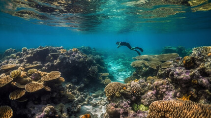 Naklejka na ściany i meble A snorkeler exploring a colorful coral reef teeming with marine life Generative AI