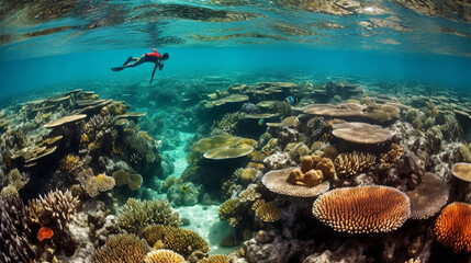 Fototapeta na wymiar A snorkeler exploring a colorful coral reef teeming with marine life Generative AI